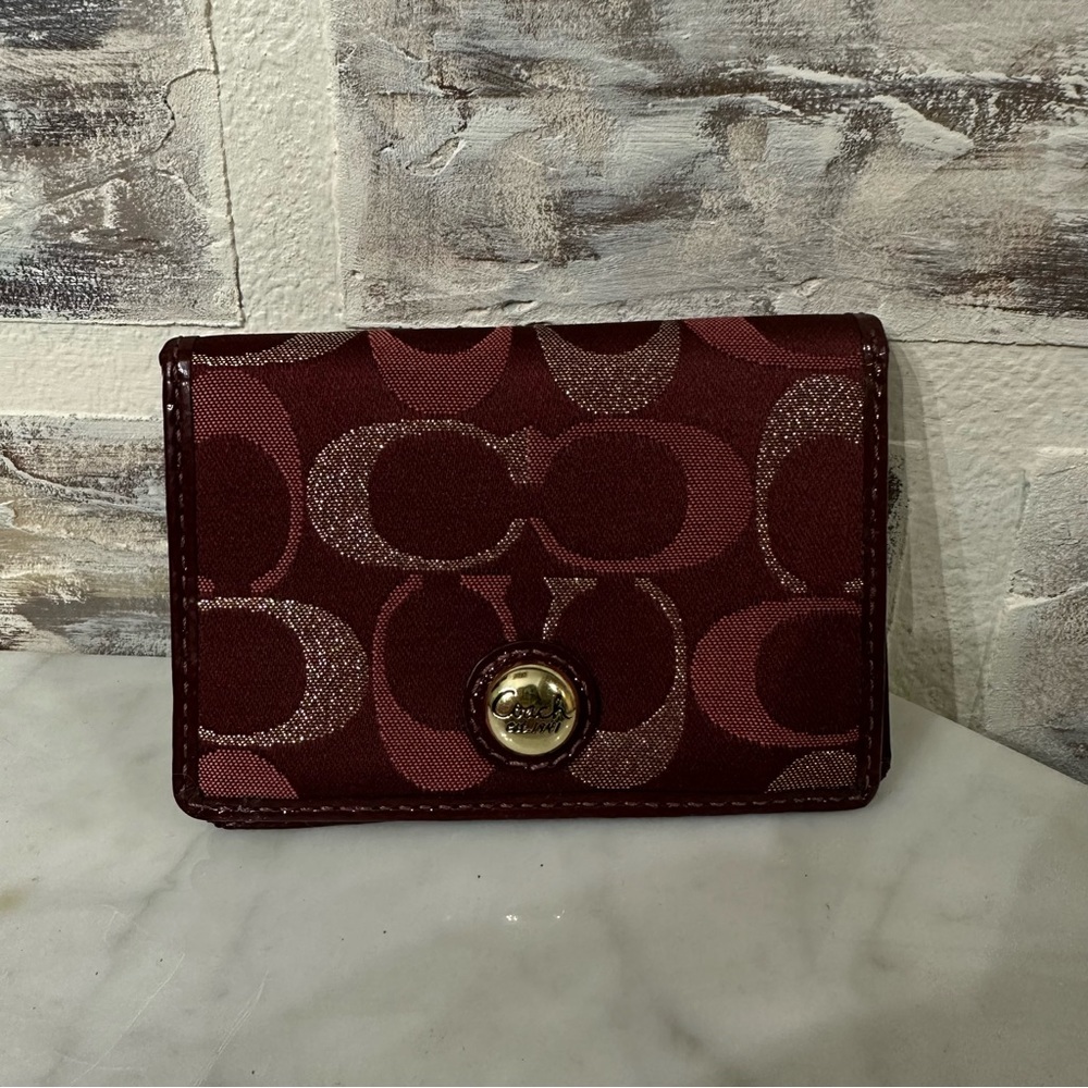 COACH Red Maroon Jacquard Fabric Logo Bifold Card Wallet